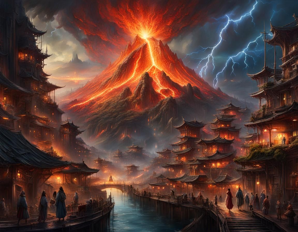 Fantasy Volcanic City with Elemental Themes