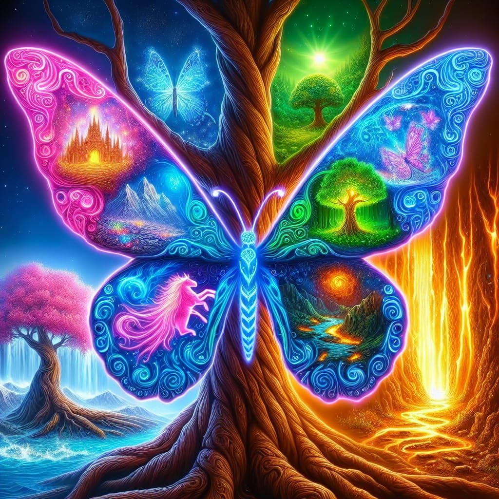 Neon Butterfly on Enchanted Tree with Mystical Scenes