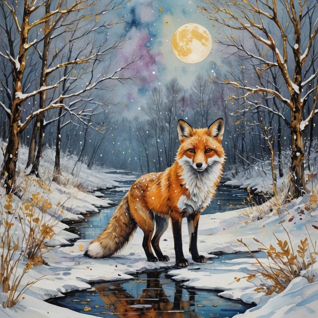 Fox by Snowy Stream in Alcohol Ink Marbling Style