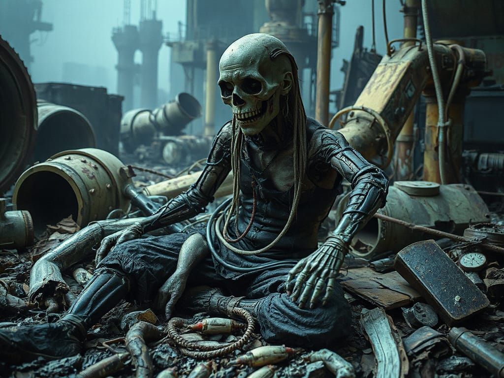 Decaying Cyborg in Toxic Wasteland: Biomechanical Horror Art