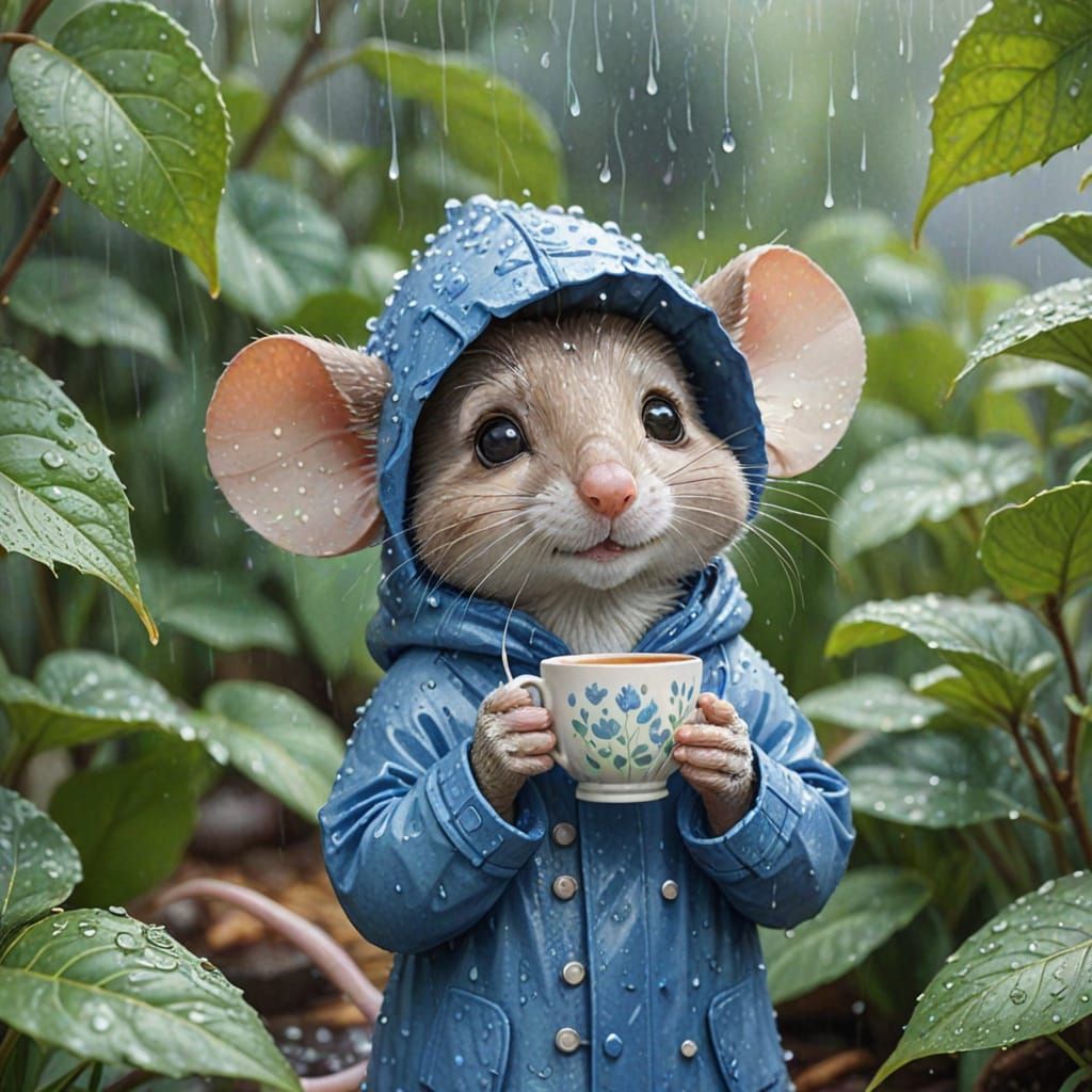 Cute Mouse Sipping Tea in Rainy Garden Watercolor