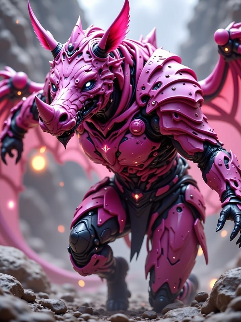 Rhino in Pink Armor, Hyperrealistic Digital Art