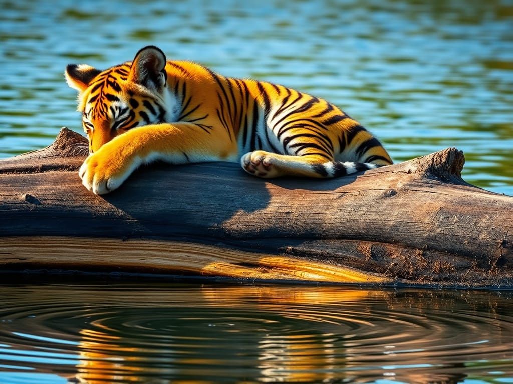 Tiger Cub Drifts Down River in Sunlit Serenity