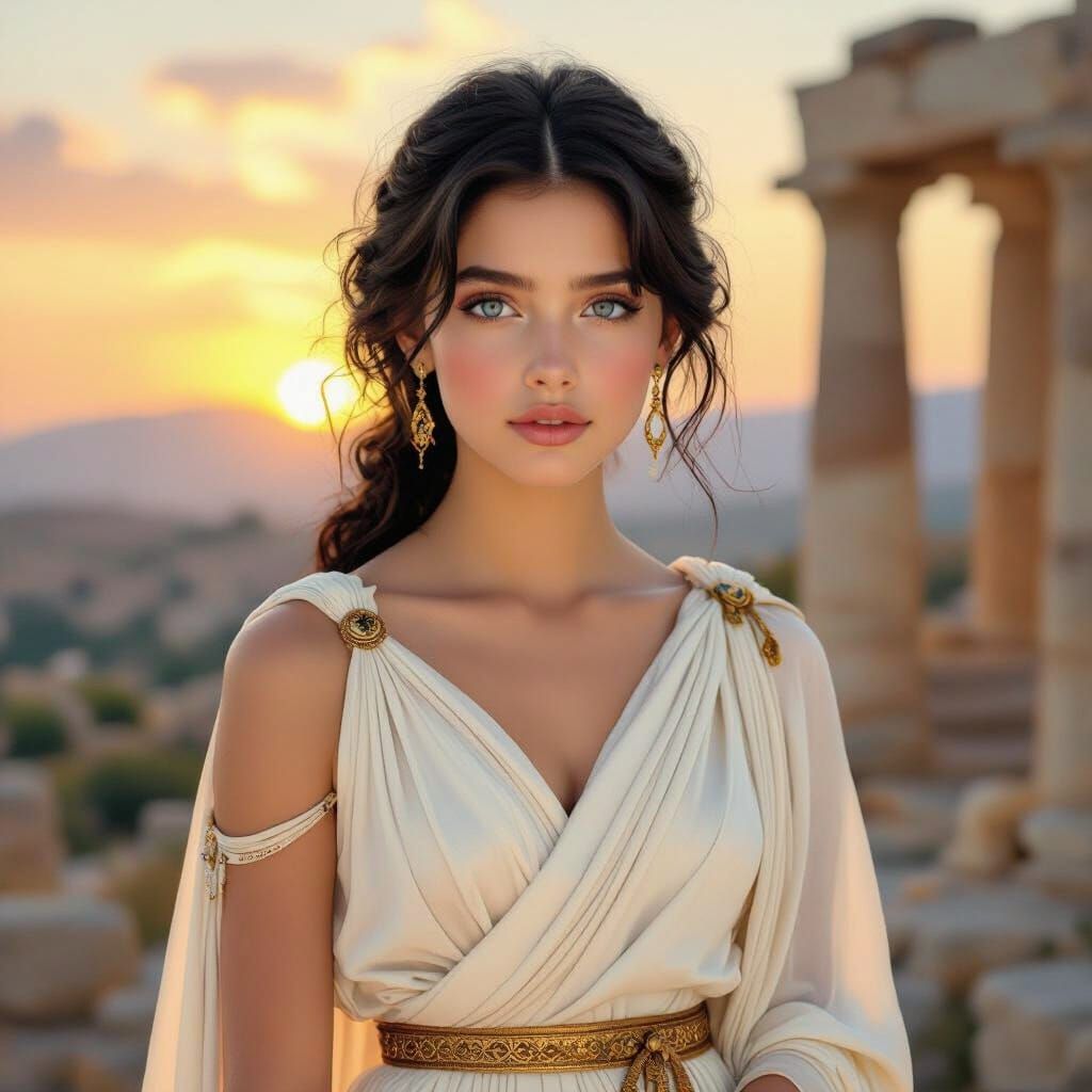 Ancient Greek Girl in Sunset Ruins, Dreamy Realism