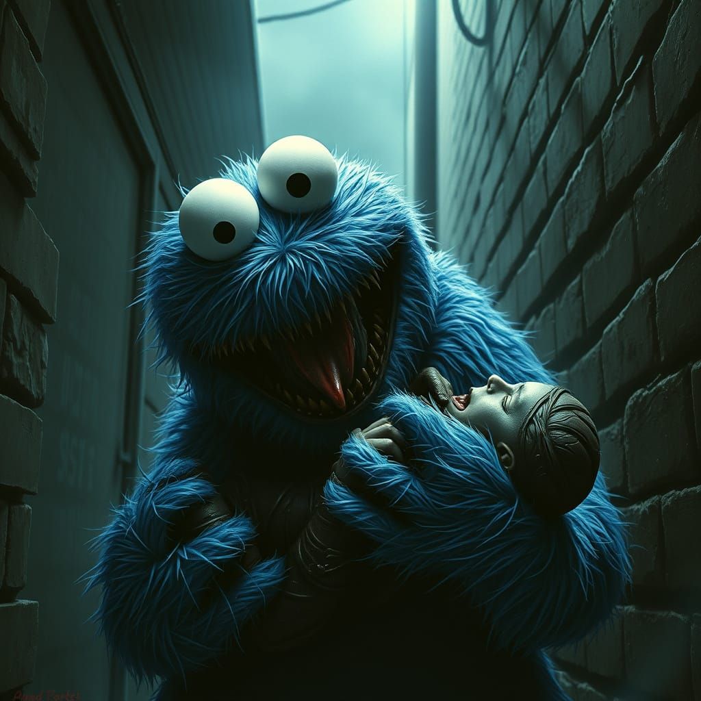 Terrifying Cookie Monster in Gothic Cyberpunk Style