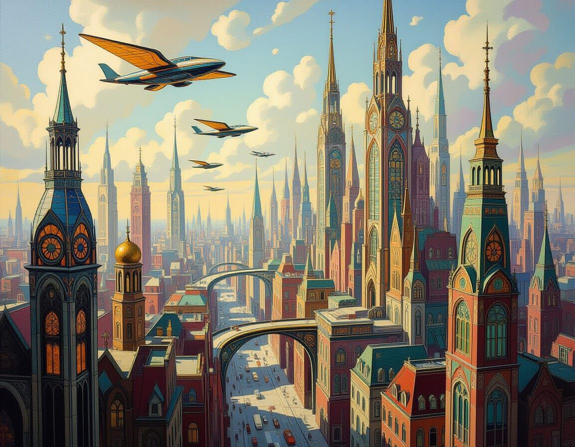 Art Nouveau Cityscape with Flying Vehicles
