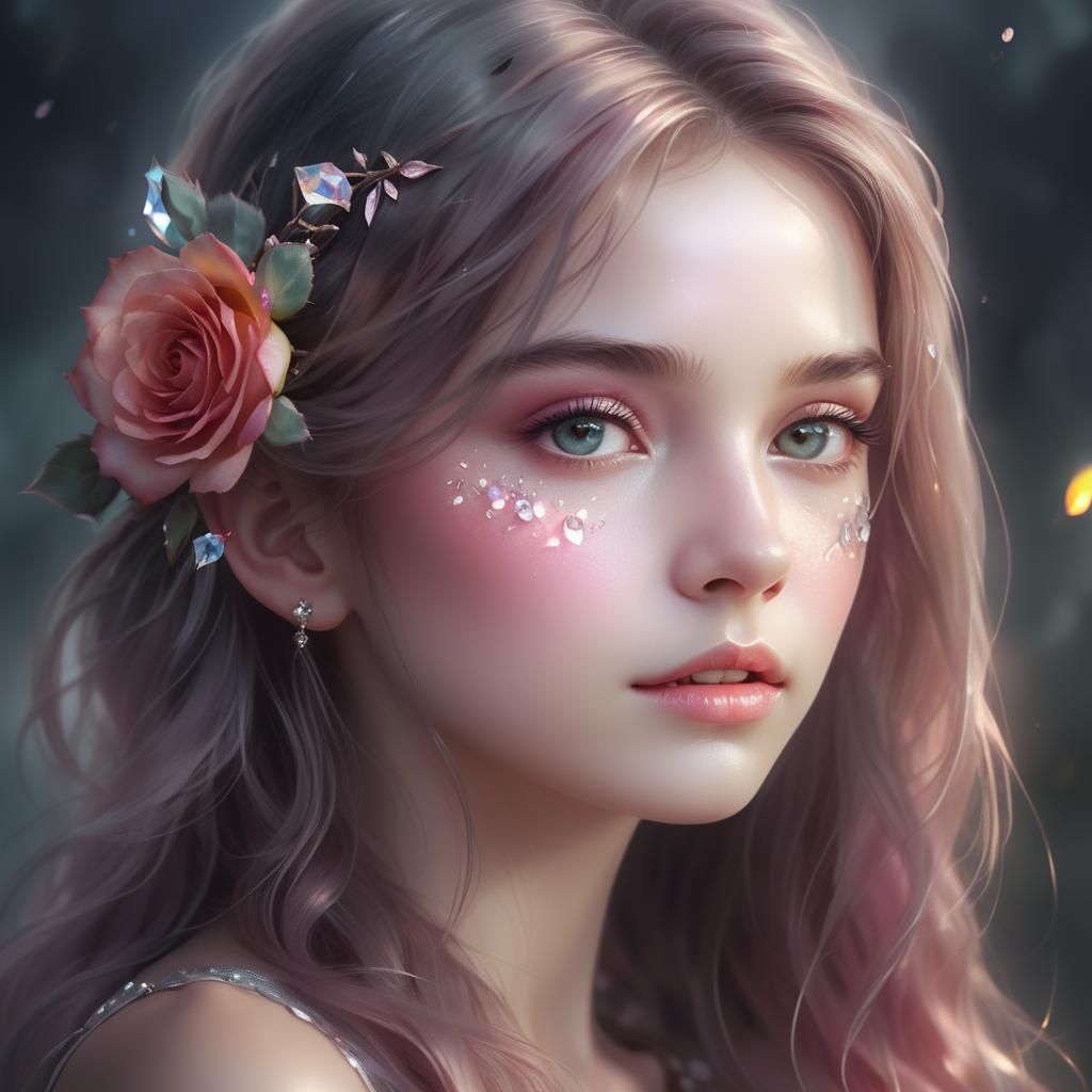 Enchanting Woman with Crystal Roses: Fantasy Portrait