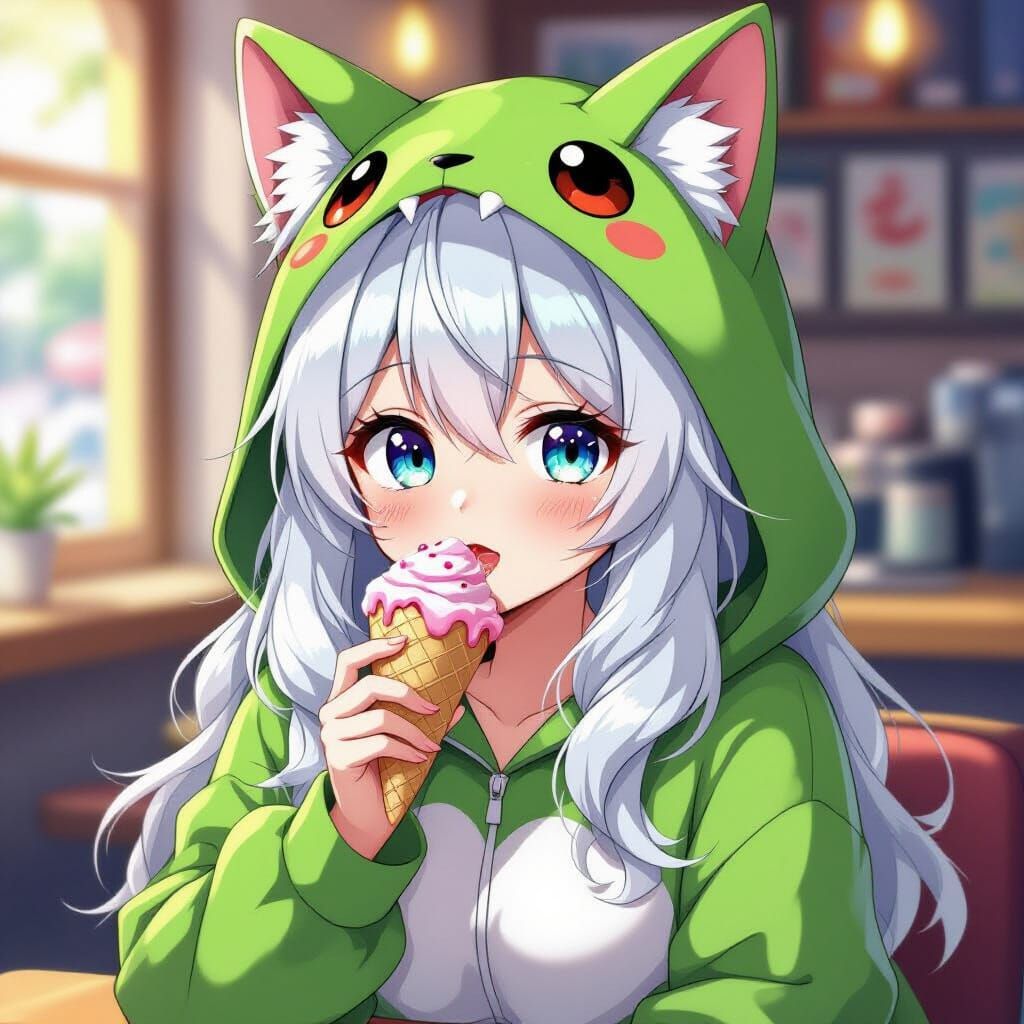 Anime Girl with Wolf Ears Enjoys Ice Cream