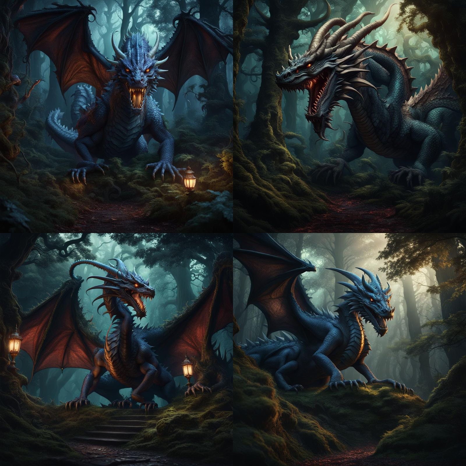 Creepy Dragon in Dark Forest, Art Nouveau Style