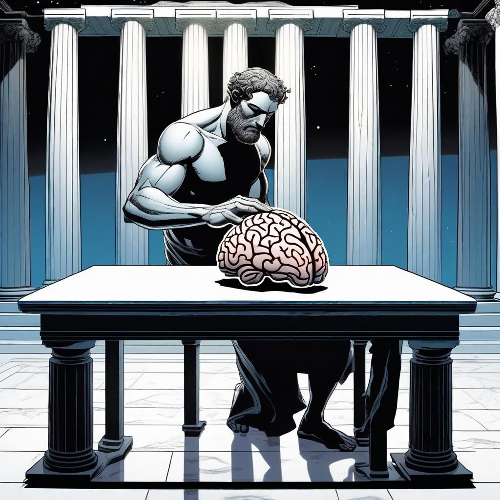 Ancient Greek Man Examines Brain Model in Comic Art