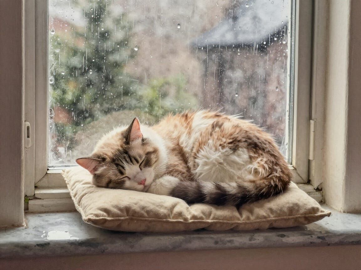 Peaceful Cat Napping by a Rainy Window