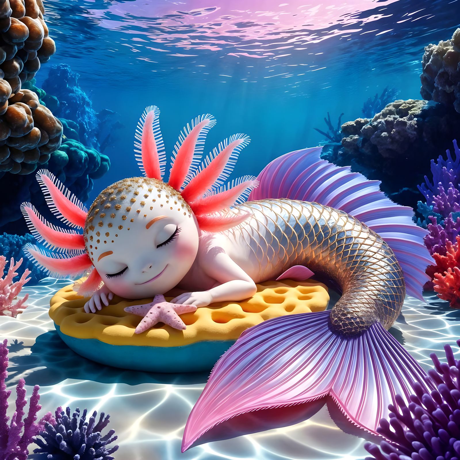 Dreamy Axolotl in Vibrant Coral Reef