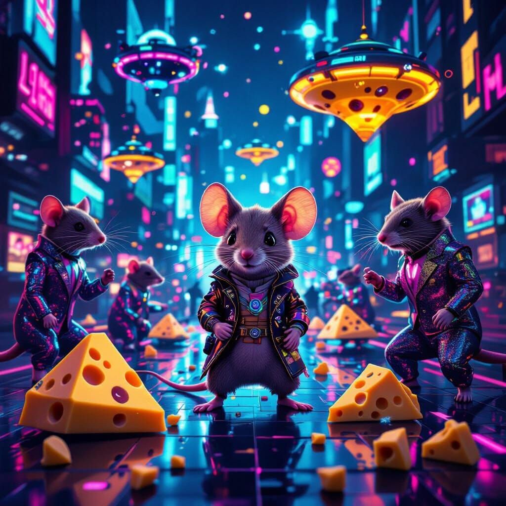 Mouse in Retro-Futuristic Cyberpunk Cityscape