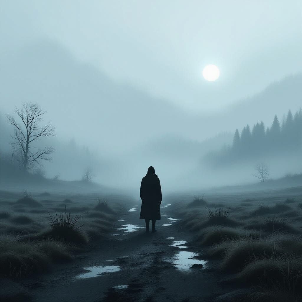 Solitary Figure in Misty Landscape with Eerie Stillness