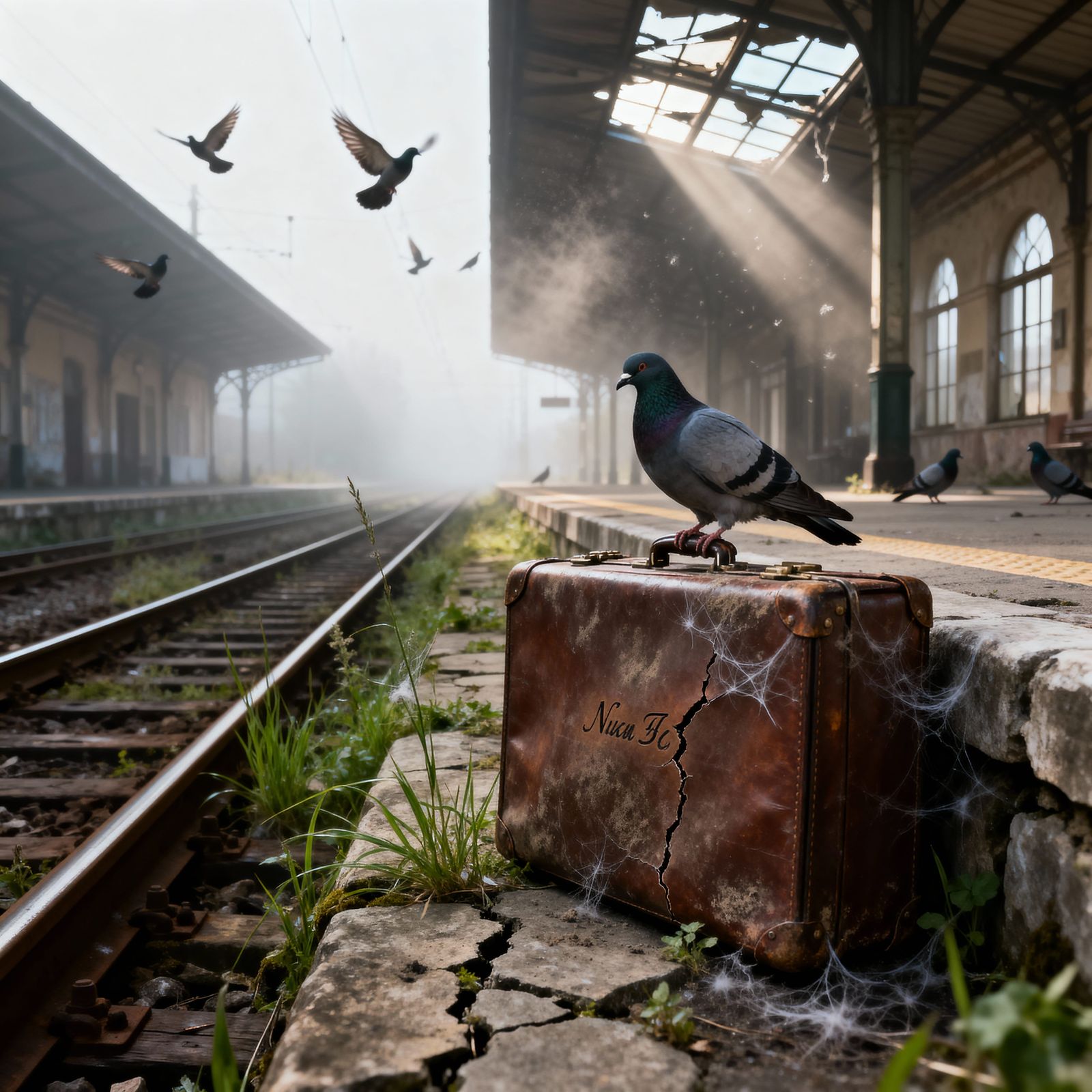 Melancholic European Train Station Platform Frozen in Time