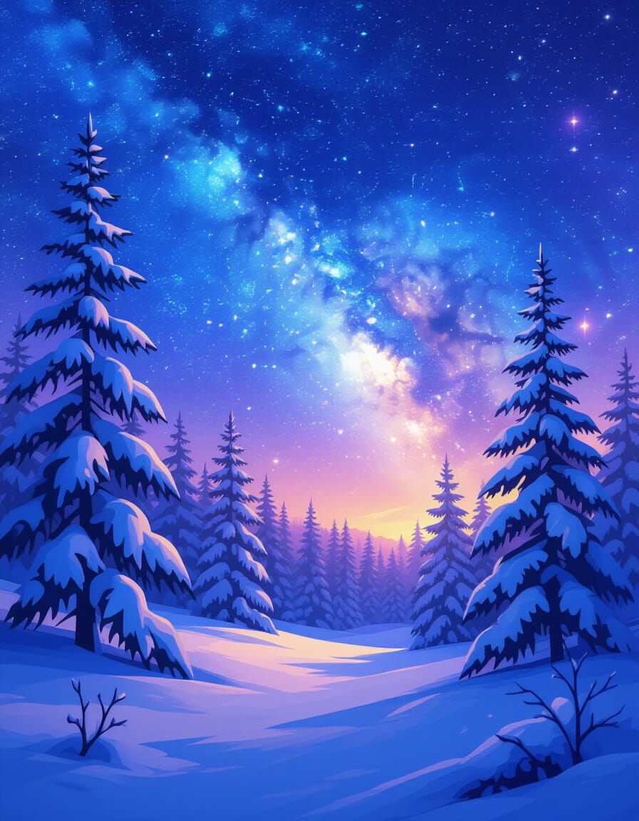 Finnish Winter Forest Under Cosmic Starry Sky