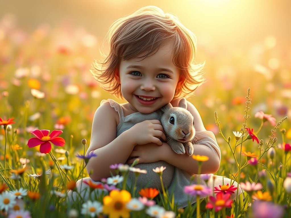 Little Child and Rabbit in a Whimsical Meadow