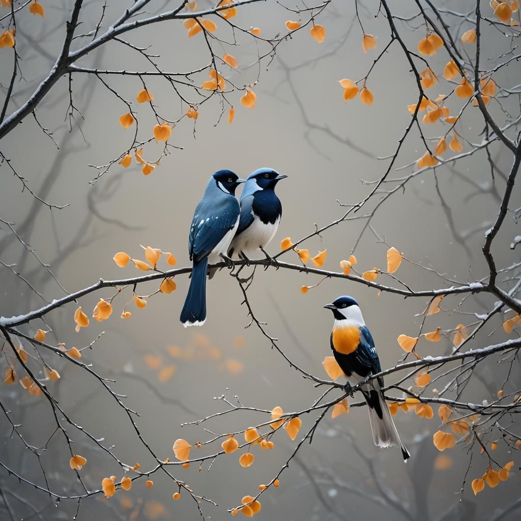 Birds on Ginkgo Branches in Dreamlike Surrealism