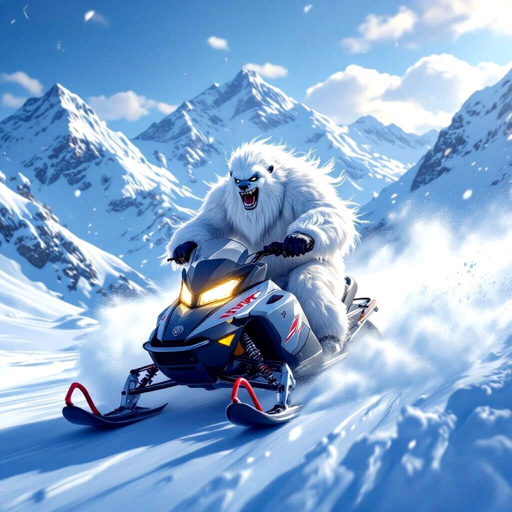 Yeti Rides Snowmobile Through Snowy Mountains