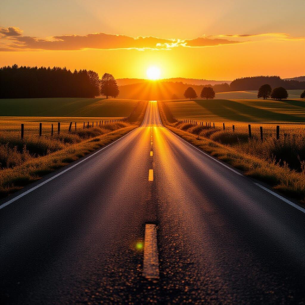 Golden Sunrise Over Endless Country Road with Long Shadows