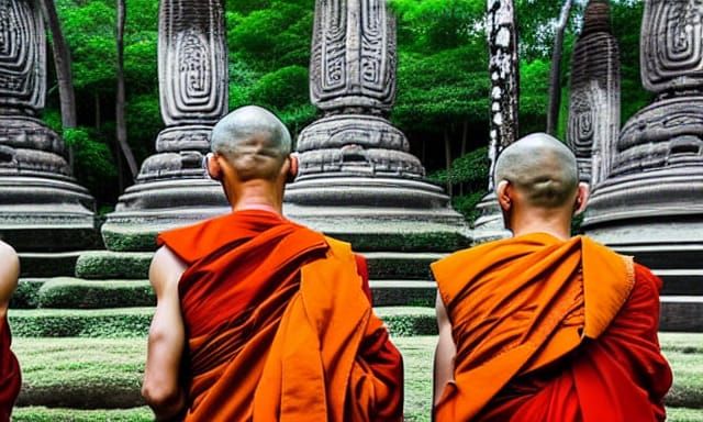 Monks Praying at Ancient Temple Ruins