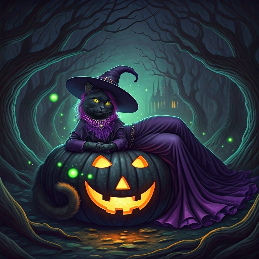 Black Cat and Witch in Dark Halloween Scene