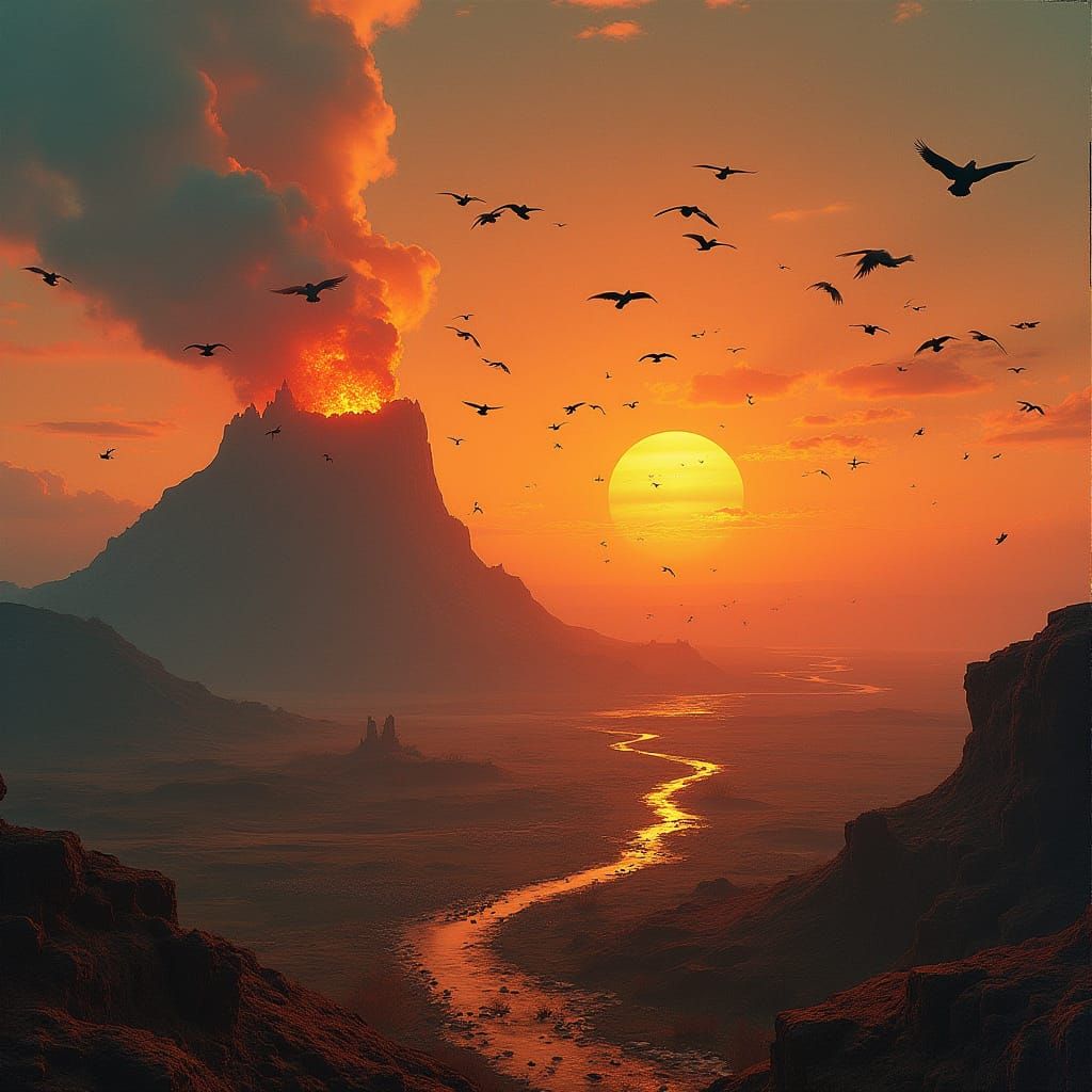 Erupting Fire-Mountain Sunrise with Birds in Dystopian Style