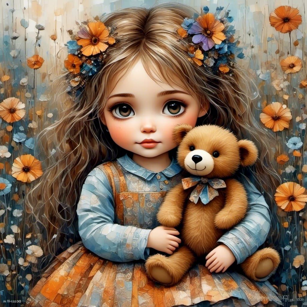 Adorable Toddler with Teddy Bear, Vibrant Anime Art