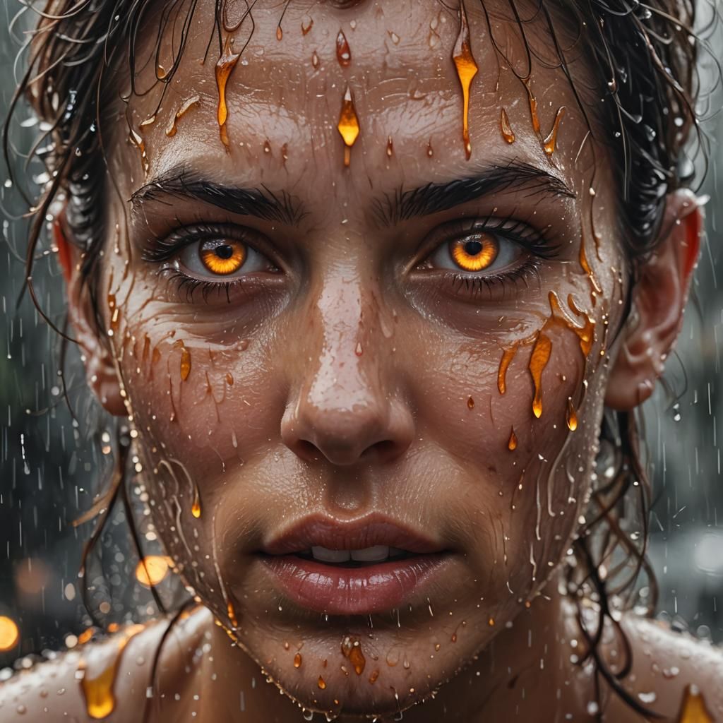 Intense Close-Up: Piercing Amber Eyes in Rain