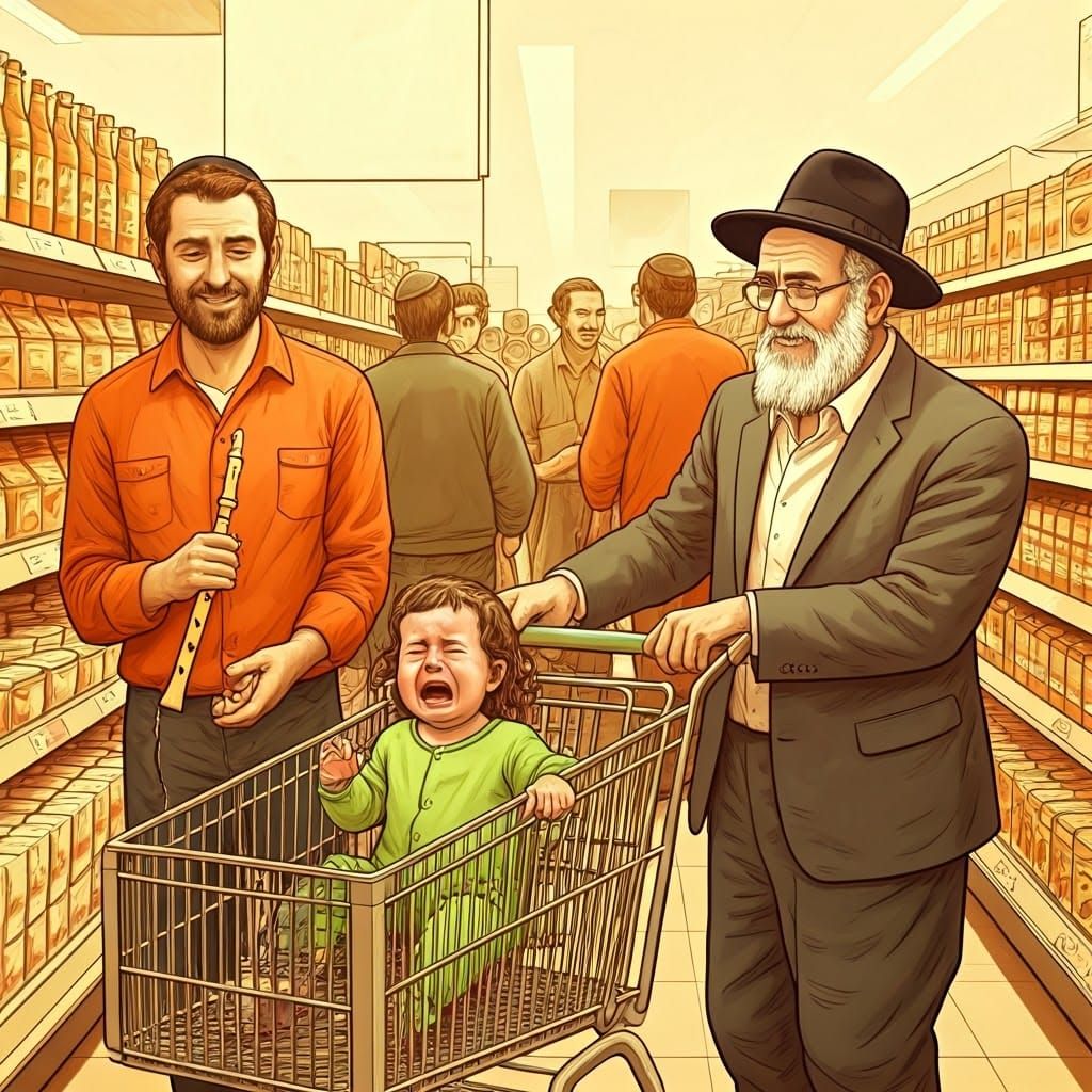 Crying Baby in Supermarket Scene, Sepia Tones