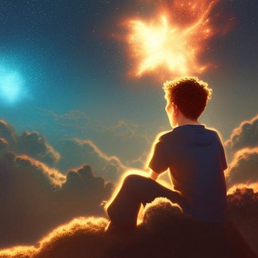 Boy Watches Star Explode in Galaxy, Detailed Digital Art