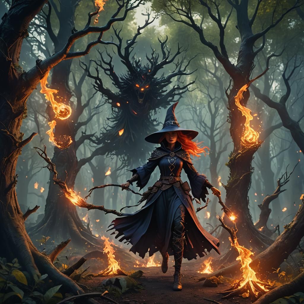 Burning Witch in Magical Forest: Fantasy Concept Art