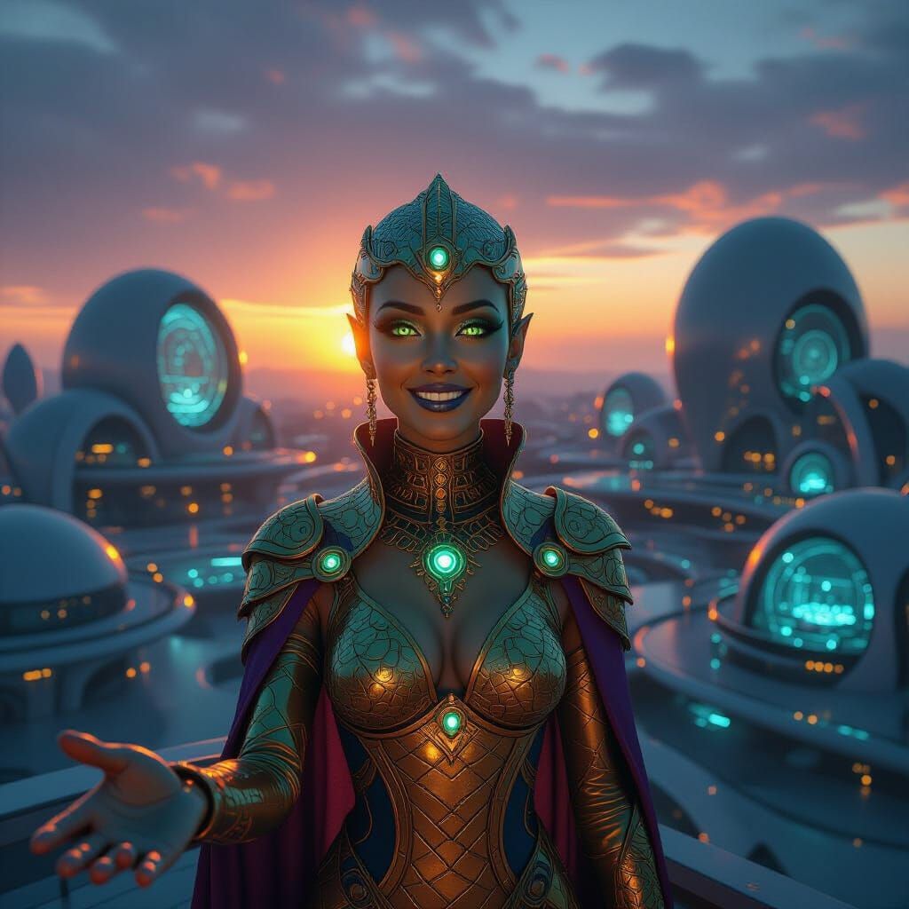 Alien with Golden Skin in Bioluminescent City