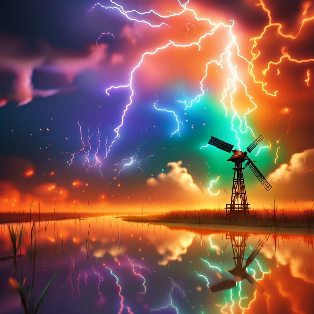 Windmill Struck by Lightning in Fantasy Landscape