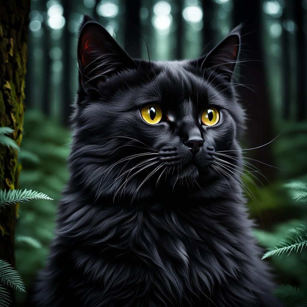 Fluffy Black Cat in a Dark Forest