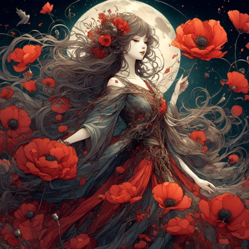 woman wearing a dress made of poppy flowers <lora:Whimsical Dream:1.0>