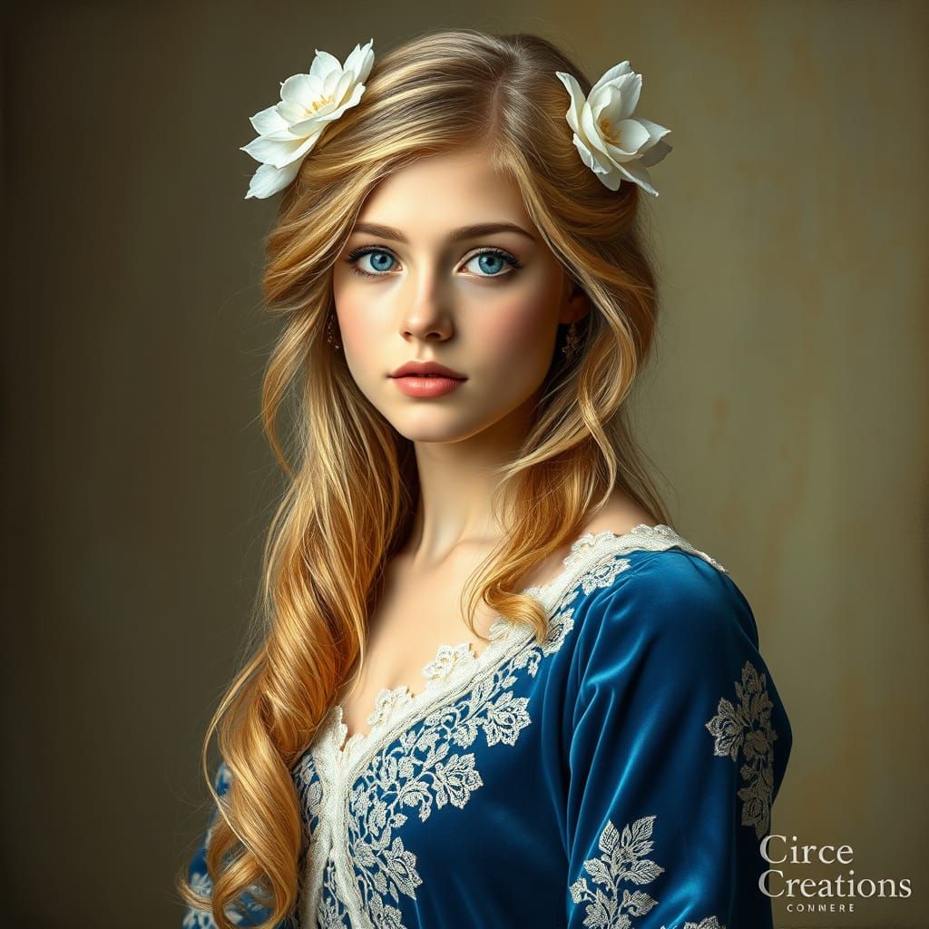 Elegant Young Woman in Blue Velvet and Lace, Pre-Raphaelite ...