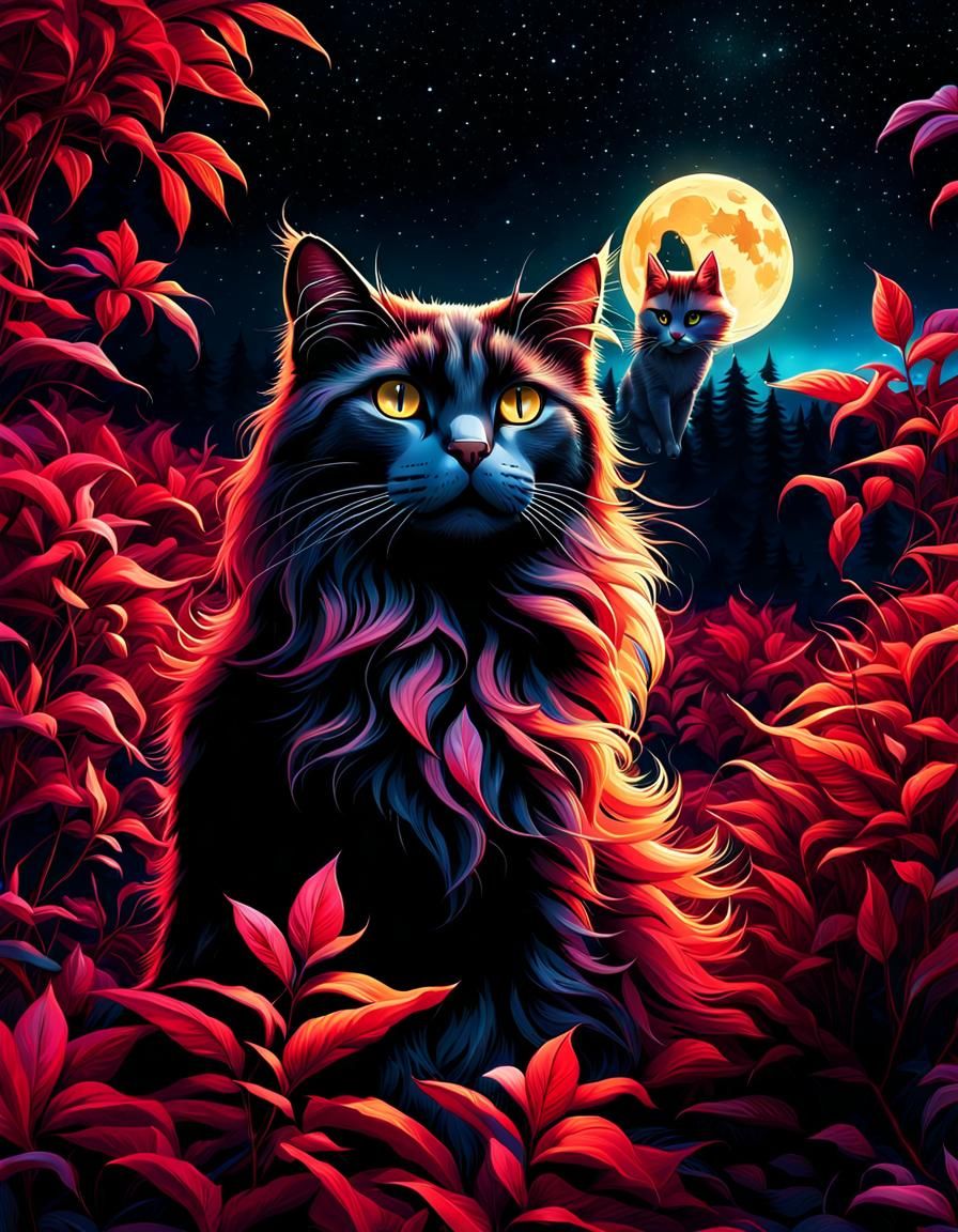 Cosmic Cat in Forest with Zodiac Star Signs