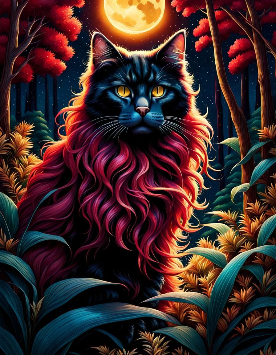 Cosmic Cat in a Starry Zodiac Forest