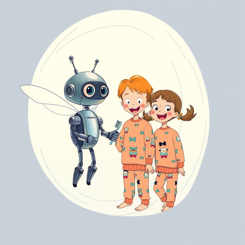 Whimsical Robot Watches Over Siblings Brushing Their Teeth