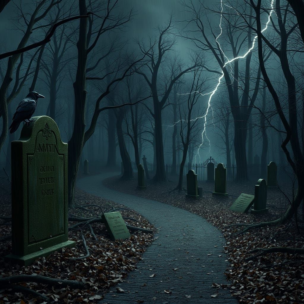 Eerie Path to Ancient Cemetery in Gothic Forest