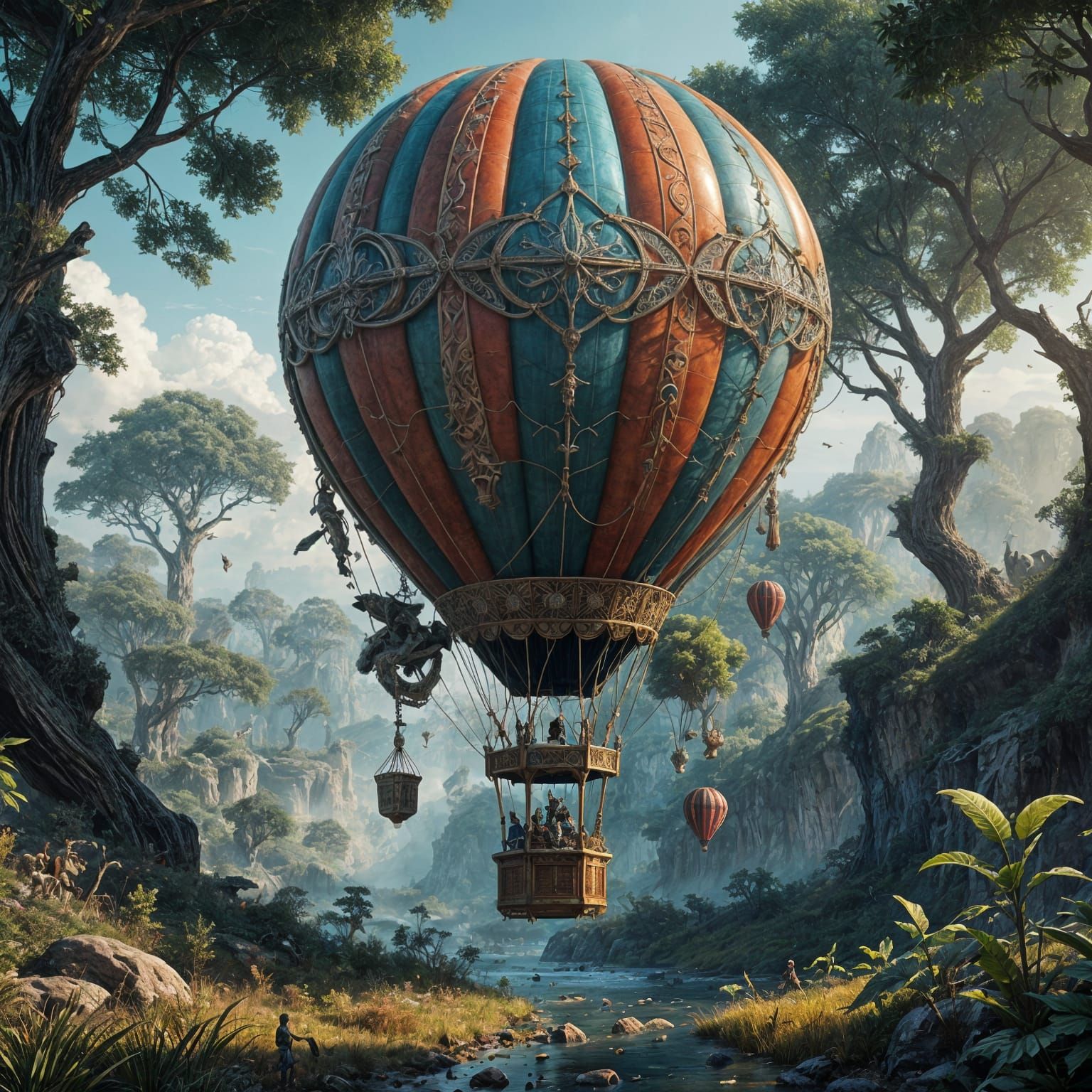 Fantastical Hot Air Balloon Over Woodland, Mixed Media
