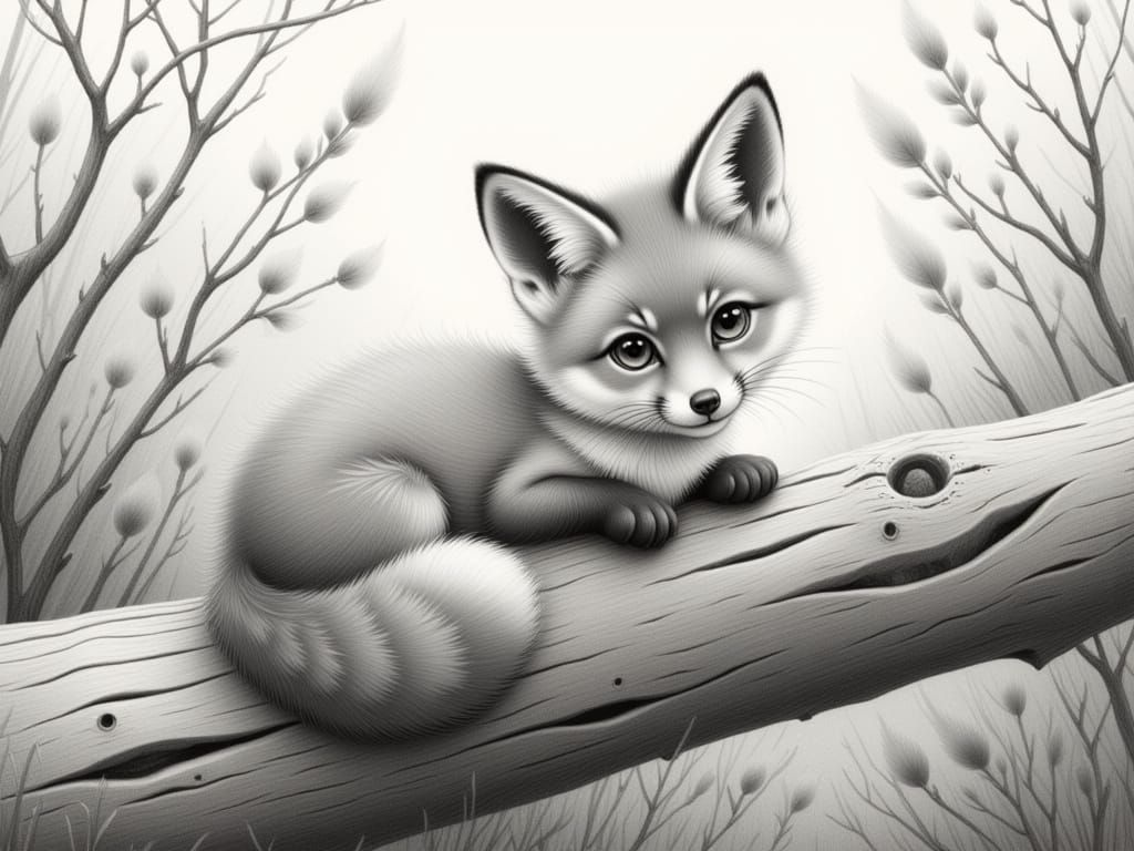 Surreal Pencil Sketch of a Gentle Fox in a Whimsical Woodlan...