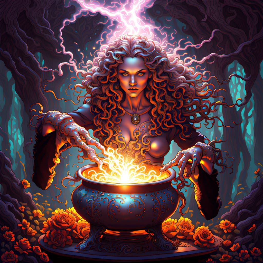 Surreal Witch in Distorted Anatomy and Vibrant Colors