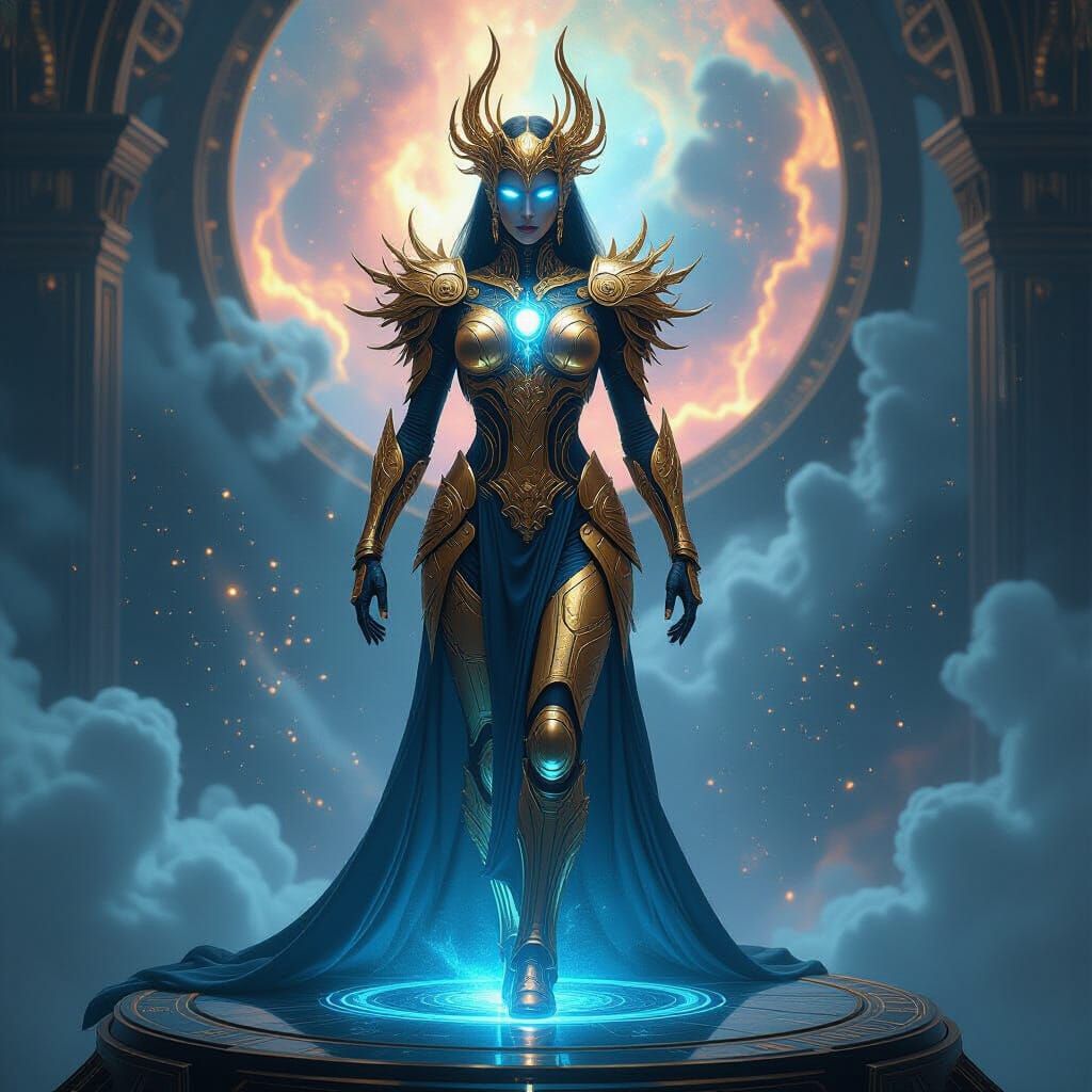 Cyborg Goddess Amidst Cosmic Nebula