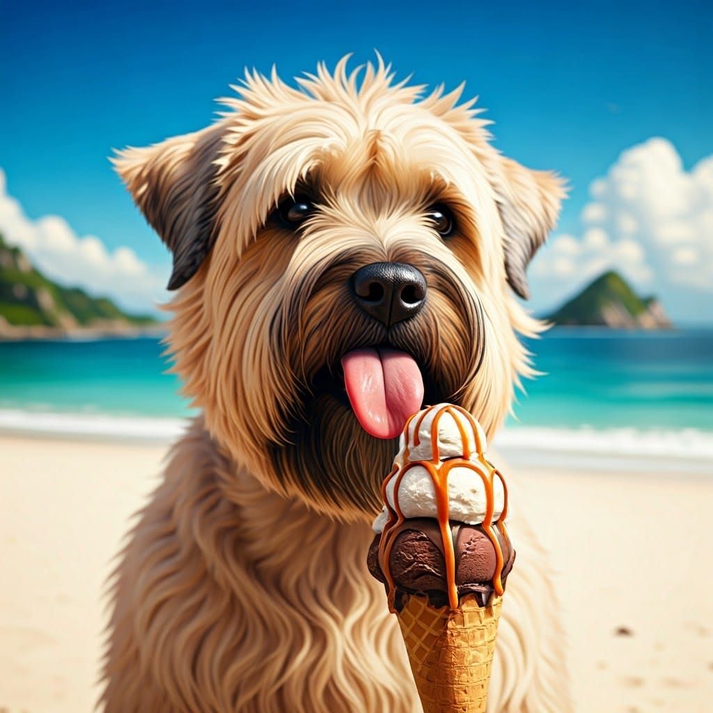 Terrier Licking Ice Cream on Beach, Matte Painting