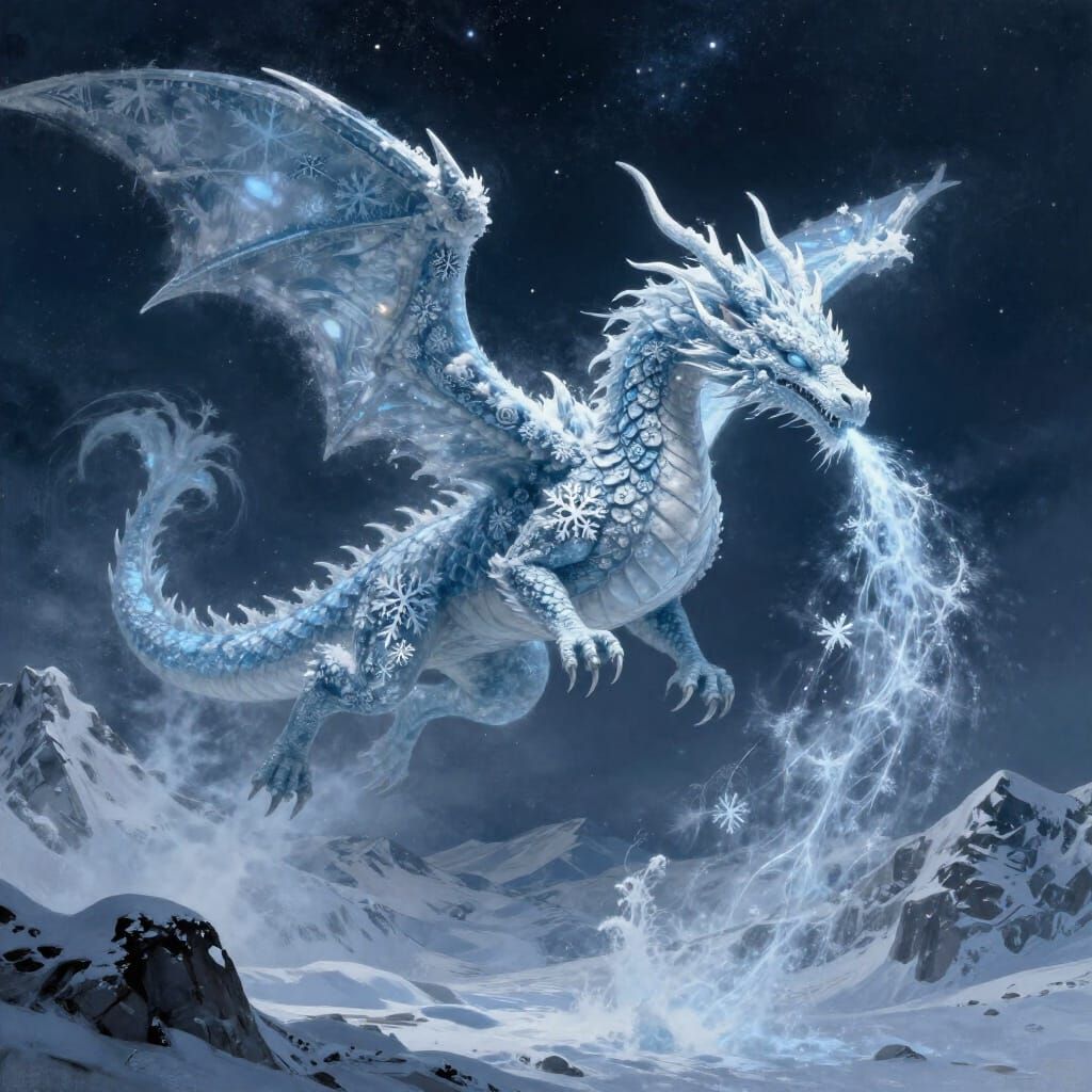 Majestic Ice Dragon Soaring Through Starlit Sky