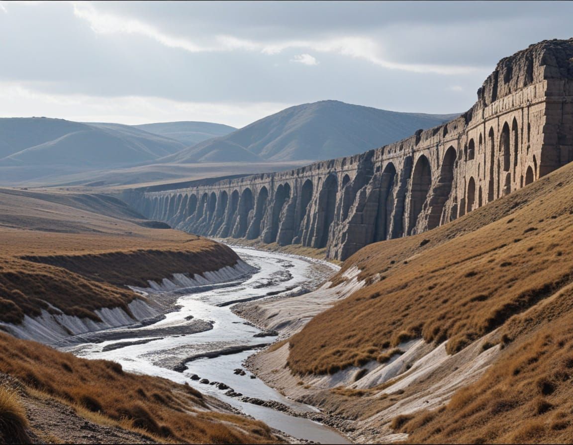 Vast Ruined Aqueduct in Barren Landscape