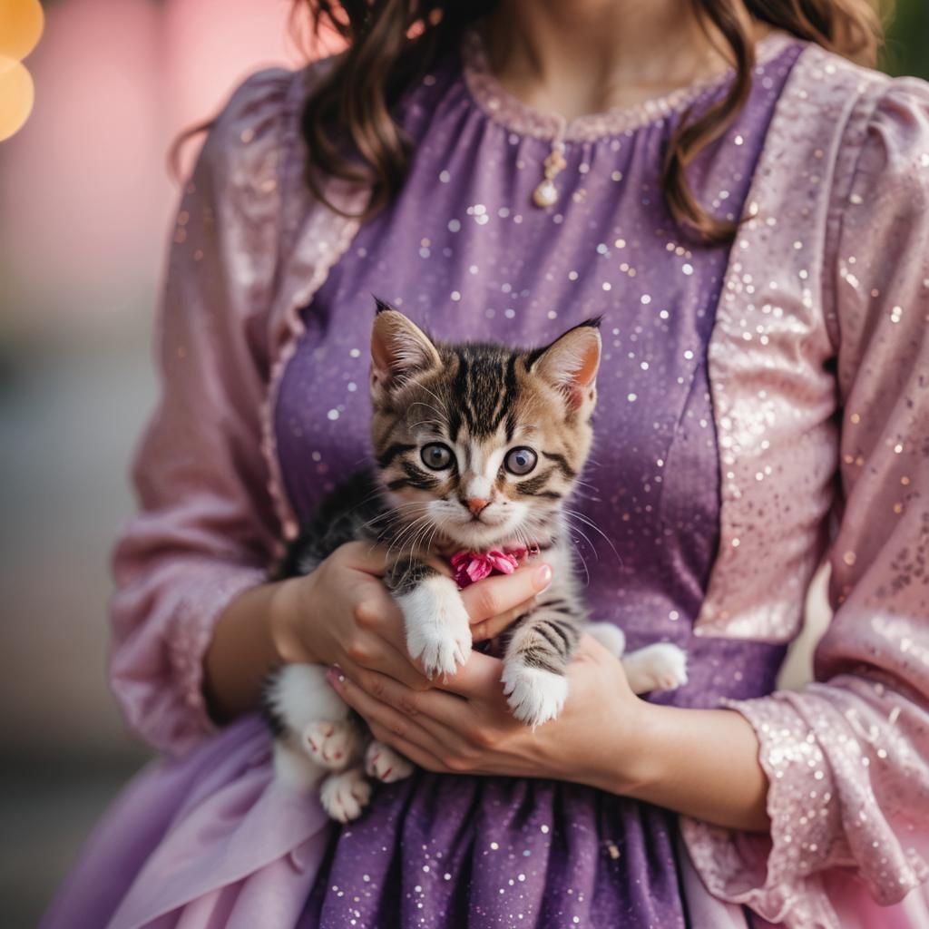Person in Purple Dress Holding Kitten: Photography
