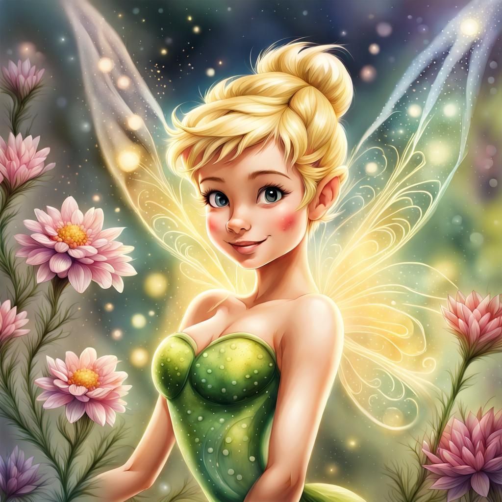 Tinkerbell Fairy in Watercolor with Glowing Flowers